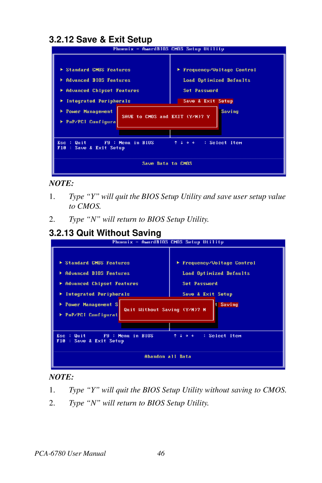 Creative PCA-6780 user manual Save & Exit Setup, Quit Without Saving 