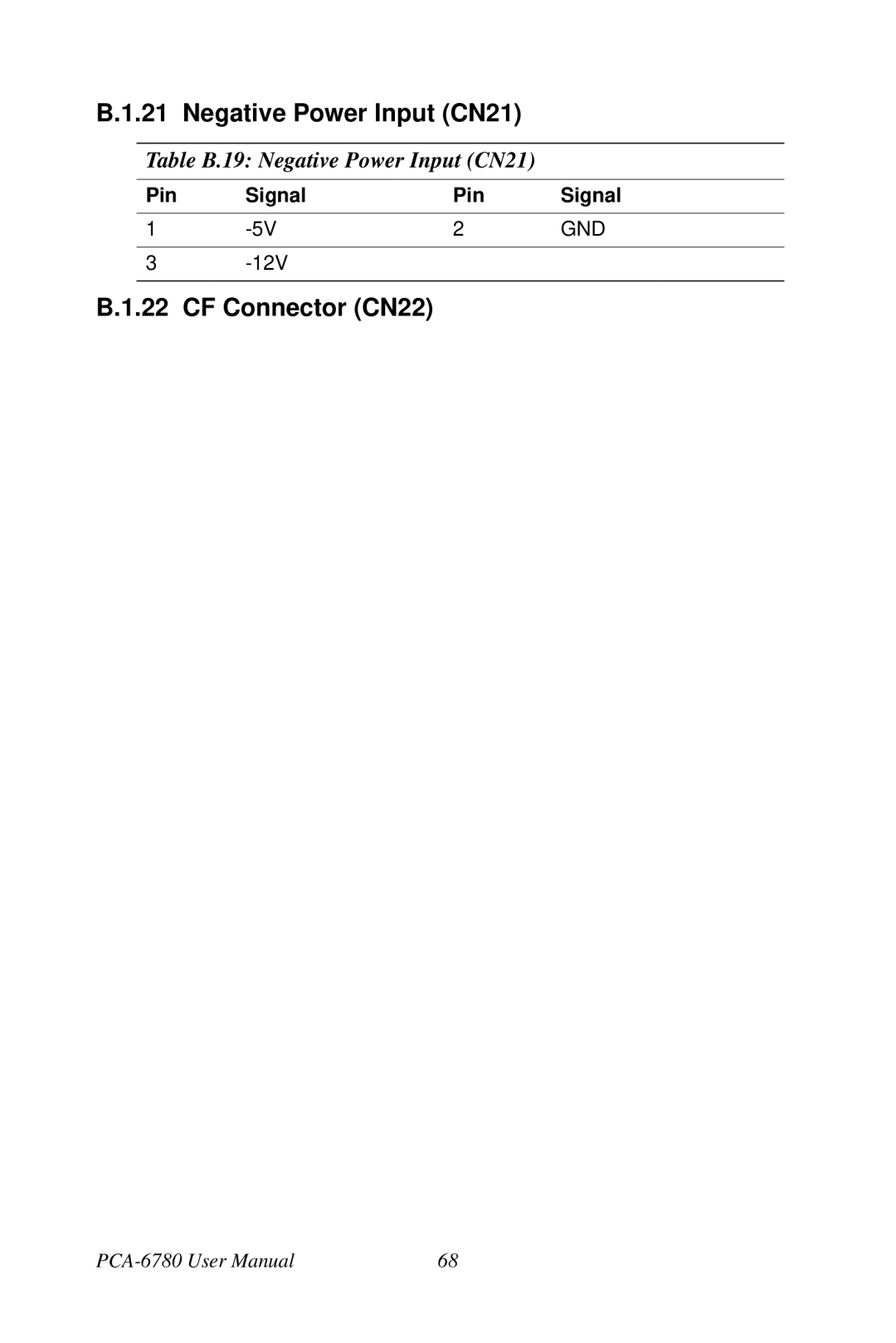 Creative PCA-6780 user manual CF Connector CN22, Table B.19 Negative Power Input CN21 