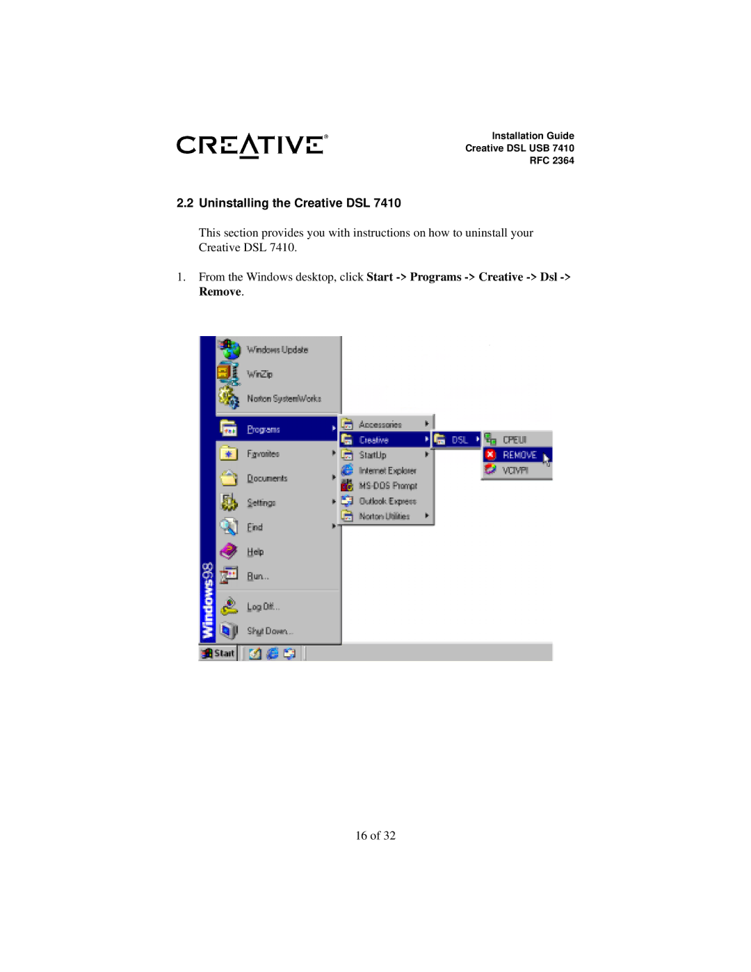 Creative RFC 2364 appendix Uninstalling the Creative DSL 