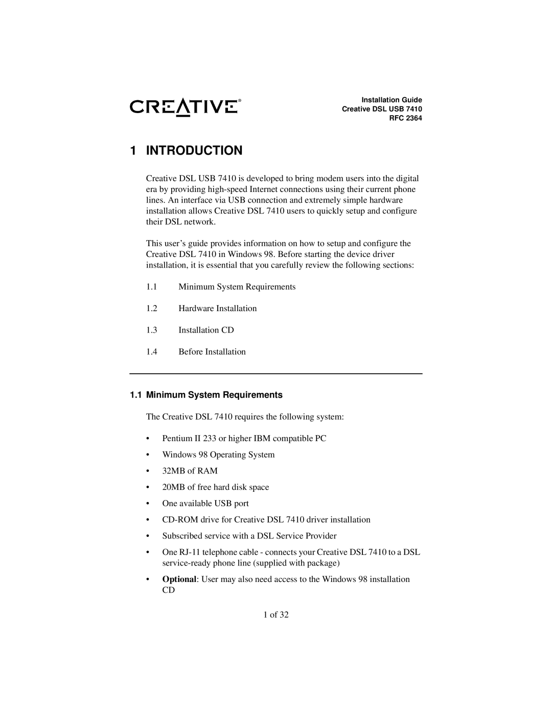 Creative RFC 2364 appendix Introduction, Minimum System Requirements 