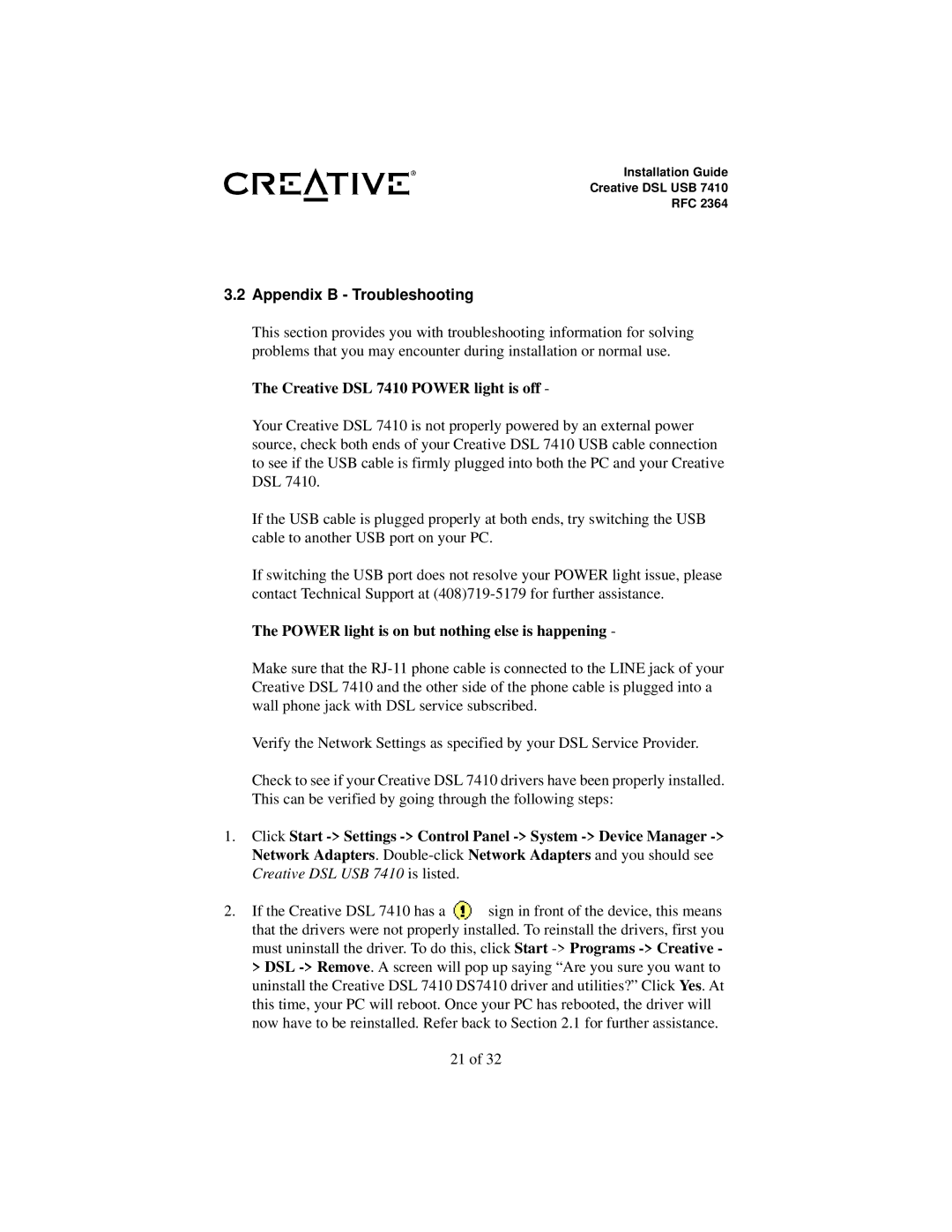 Creative RFC 2364 appendix Appendix B Troubleshooting, Creative DSL 7410 Power light is off 