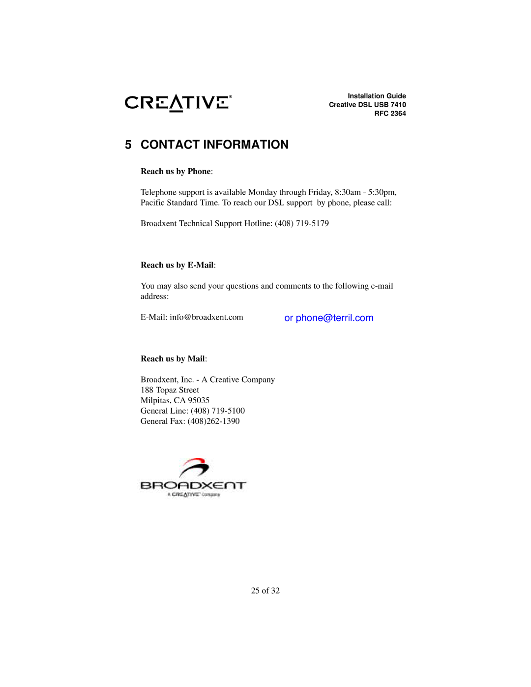 Creative RFC 2364 appendix Contact Information, Reach us by Phone, Reach us by E-Mail, Reach us by Mail 