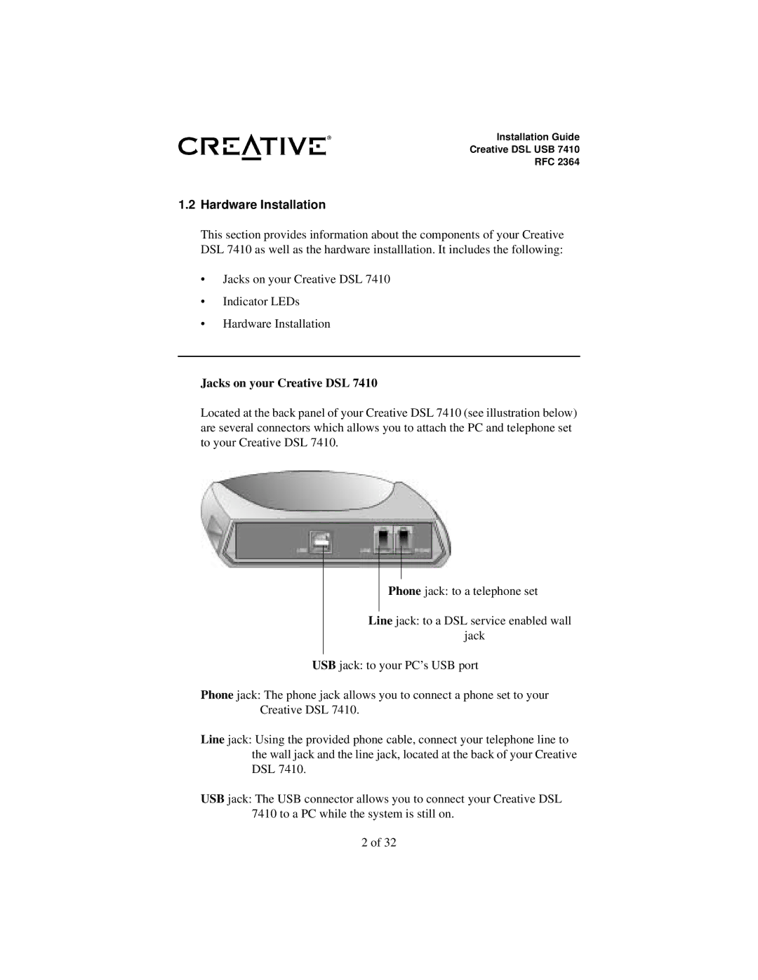 Creative RFC 2364 appendix Hardware Installation, Jacks on your Creative DSL 