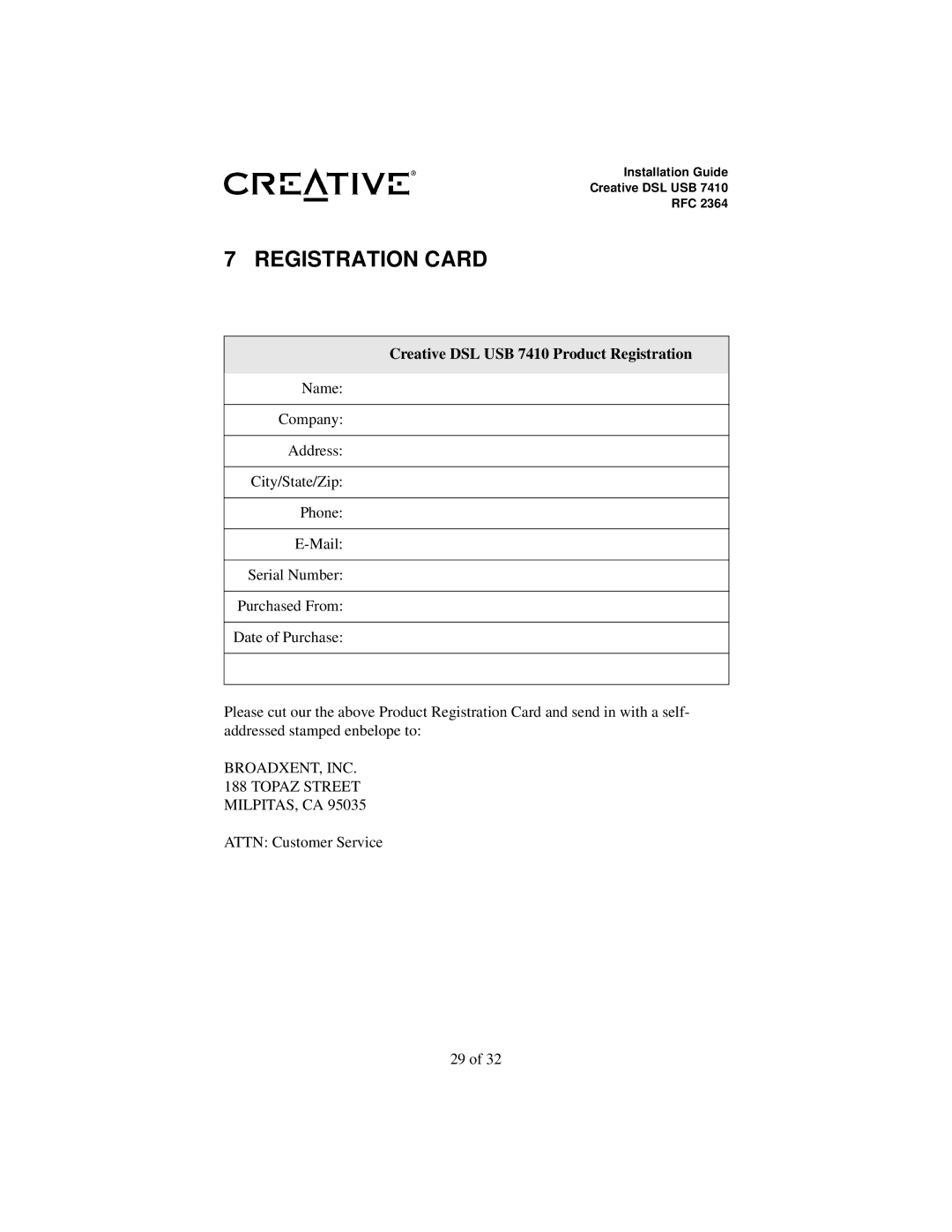 Creative RFC 2364 appendix Registration Card, Creative DSL USB 7410 Product Registration 