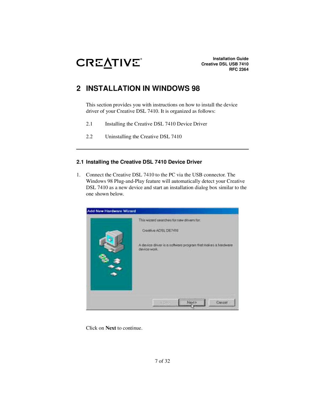 Creative RFC 2364 appendix Installation in Windows, Installing the Creative DSL 7410 Device Driver 