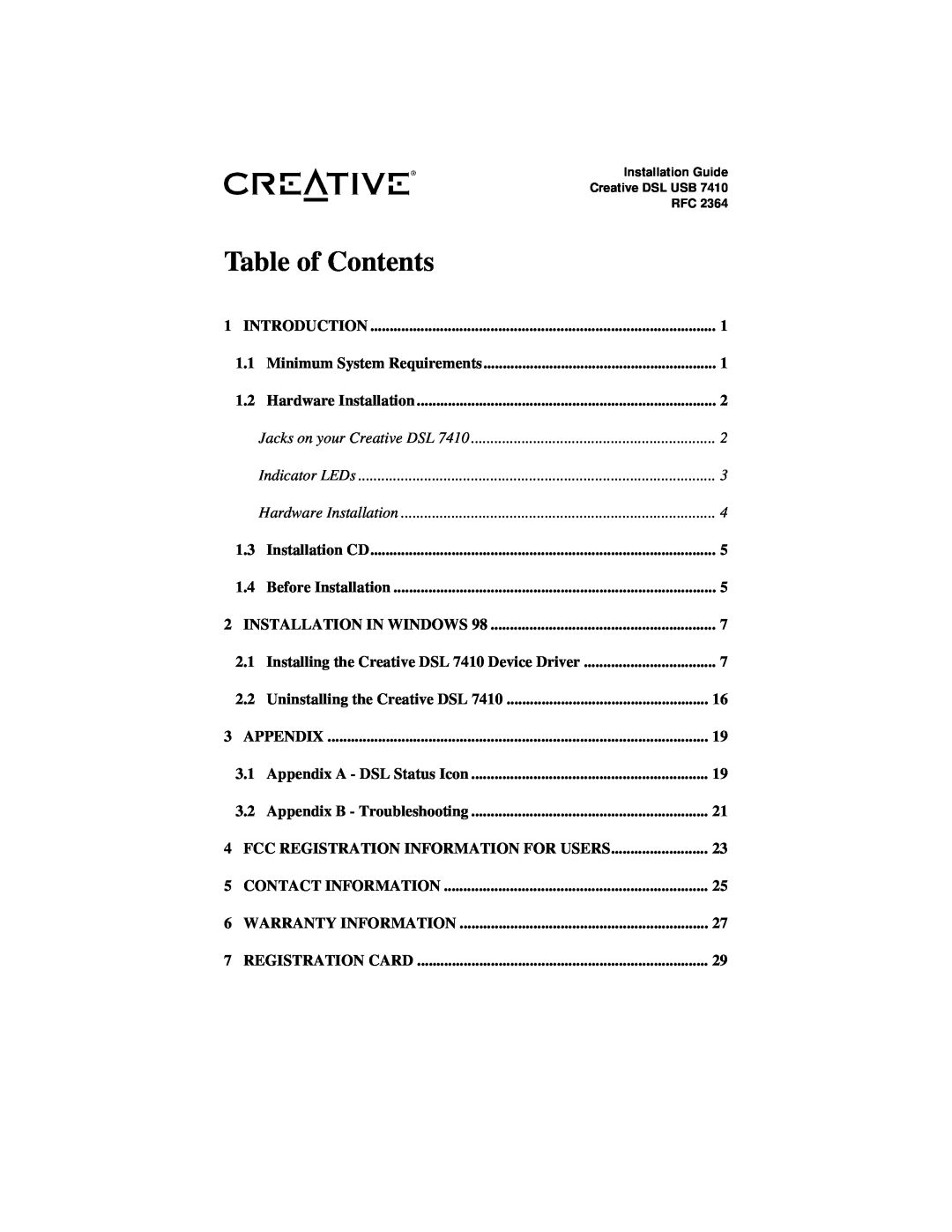 Creative RFC 2364 appendix Table of Contents, Jacks on your Creative DSL, Indicator LEDs, Hardware Installation 