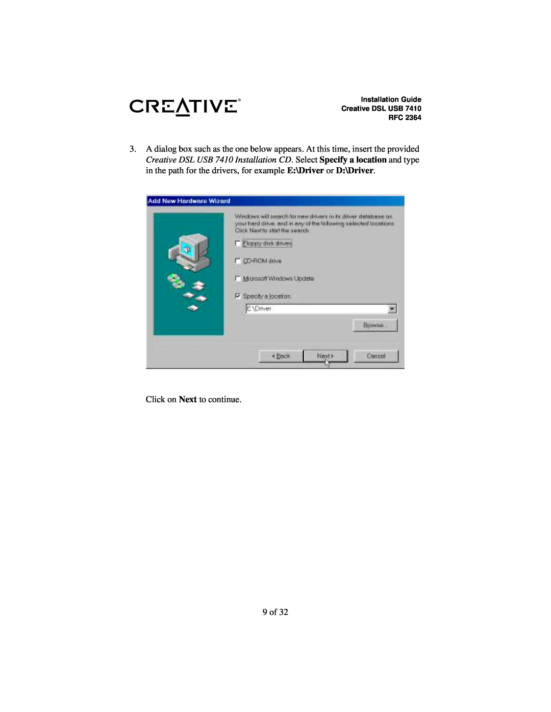 Creative RFC 2364 appendix Click on Next to continue, 9 of, Installation Guide Creative DSL USB RFC 