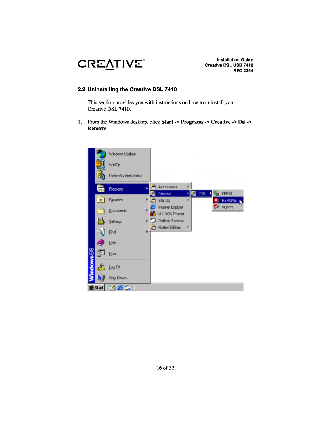 Creative RFC 2364 appendix Uninstalling the Creative DSL, 16 of, Installation Guide Creative DSL USB RFC 