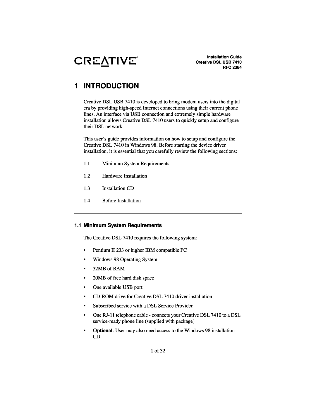 Creative RFC 2364 appendix Introduction, Minimum System Requirements 