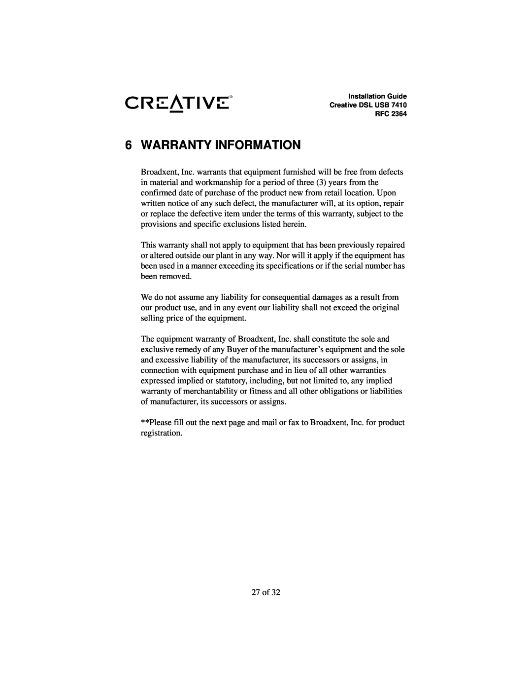 Creative RFC 2364 appendix Warranty Information 