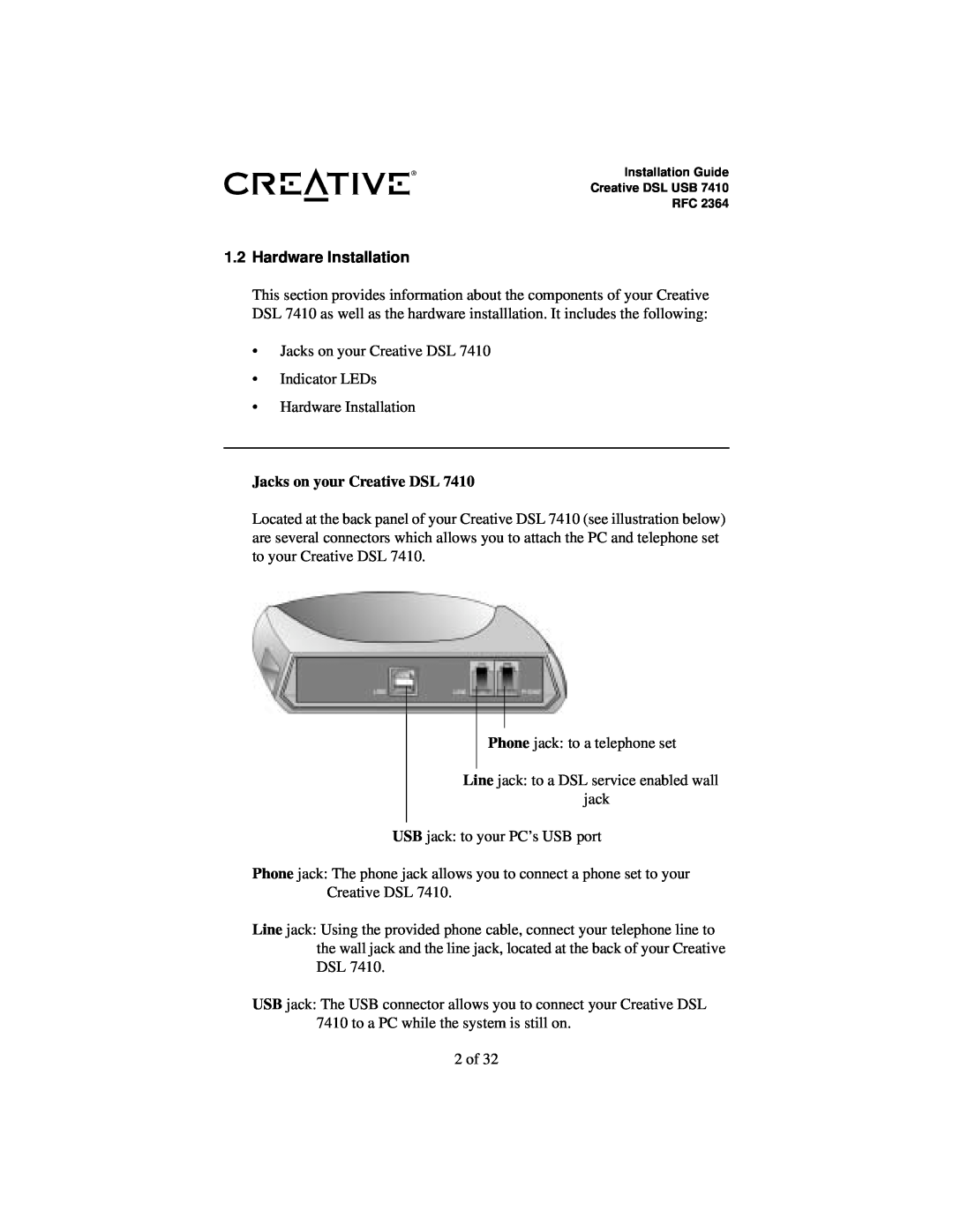 Creative RFC 2364 appendix Hardware Installation, Jacks on your Creative DSL 
