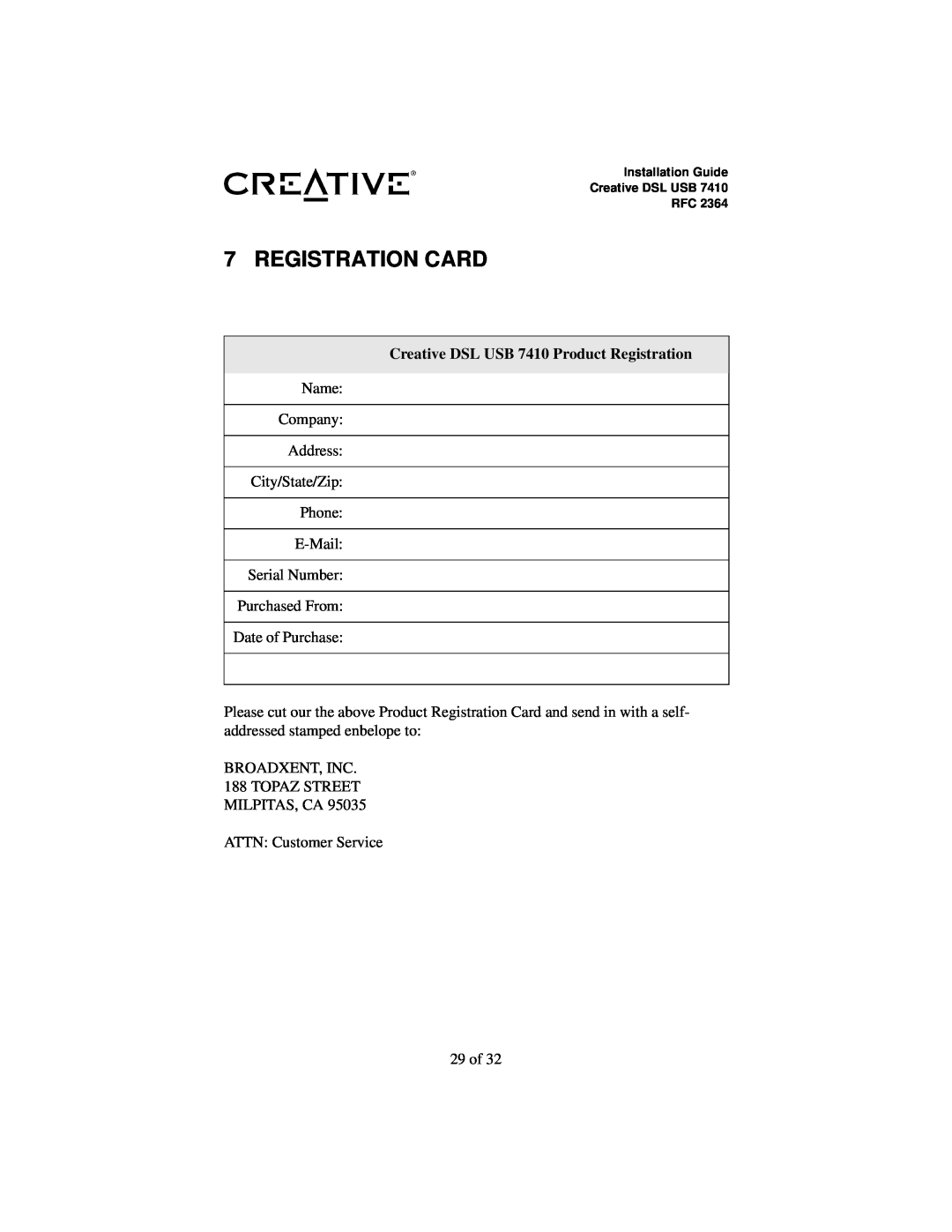 Creative RFC 2364 Registration Card, Creative DSL USB 7410 Product Registration, Installation Guide Creative DSL USB RFC 