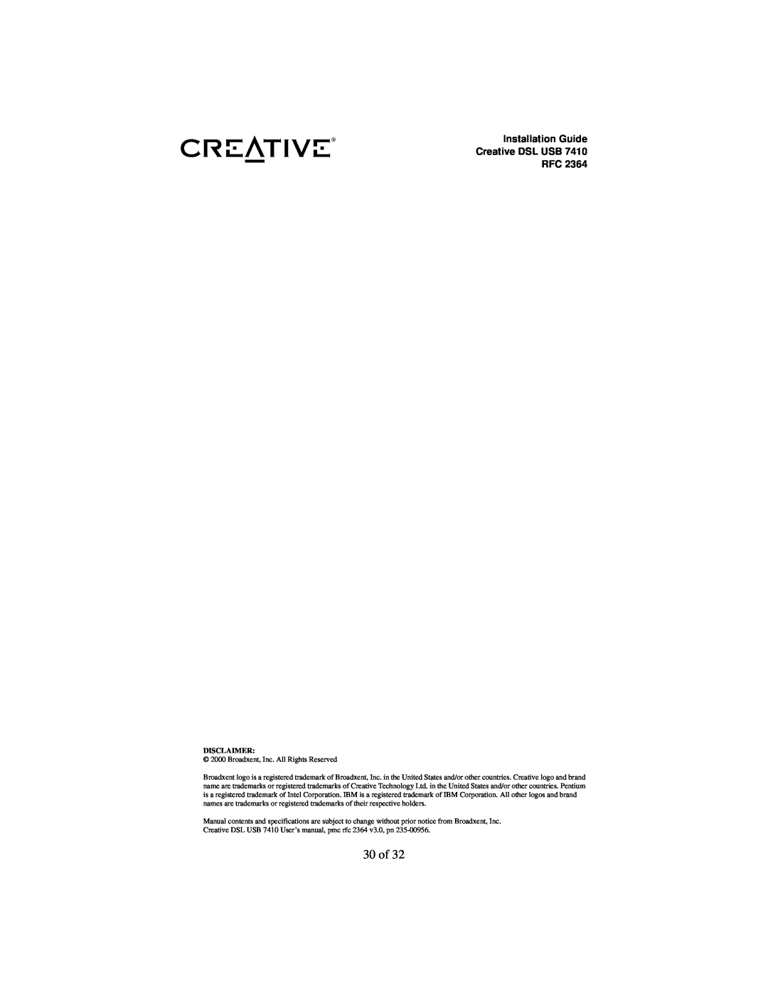 Creative RFC 2364 appendix 30 of, Installation Guide Creative DSL USB RFC, Disclaimer, Broadxent, Inc. All Rights Reserved 