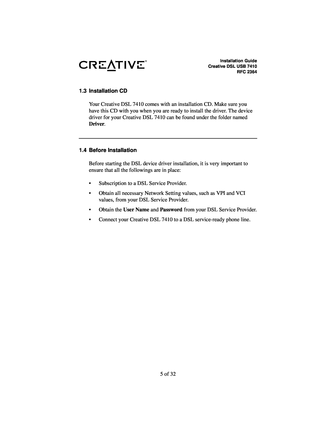 Creative RFC 2364 appendix Installation CD, Before Installation 