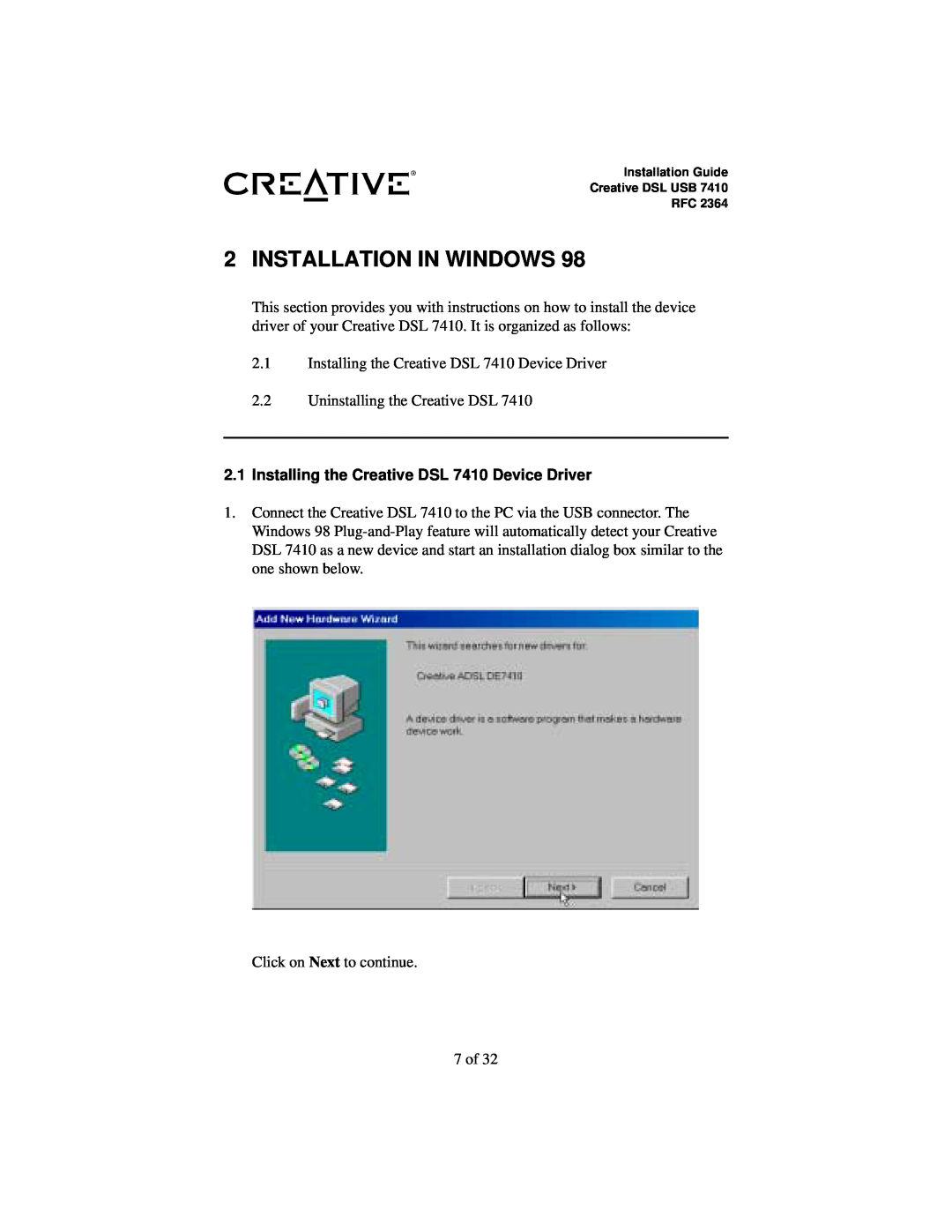 Creative RFC 2364 appendix Installation In Windows, Installing the Creative DSL 7410 Device Driver 