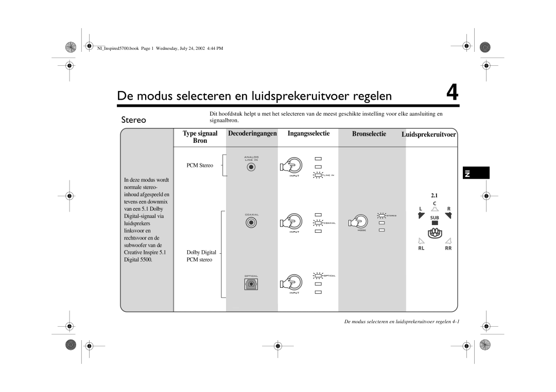 Creative S500 manual De modus selecteren en luidsprekeruitvoer regelen, Stereo 