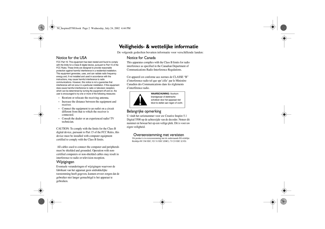 Creative S500 manual Wijzigingen, Belangrijke opmerking, Overeenstemming met vereisten 