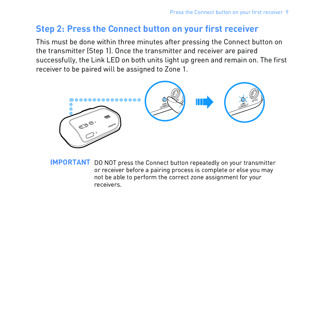 Creative SB1122 manual Press the Connect button on your first receiver 