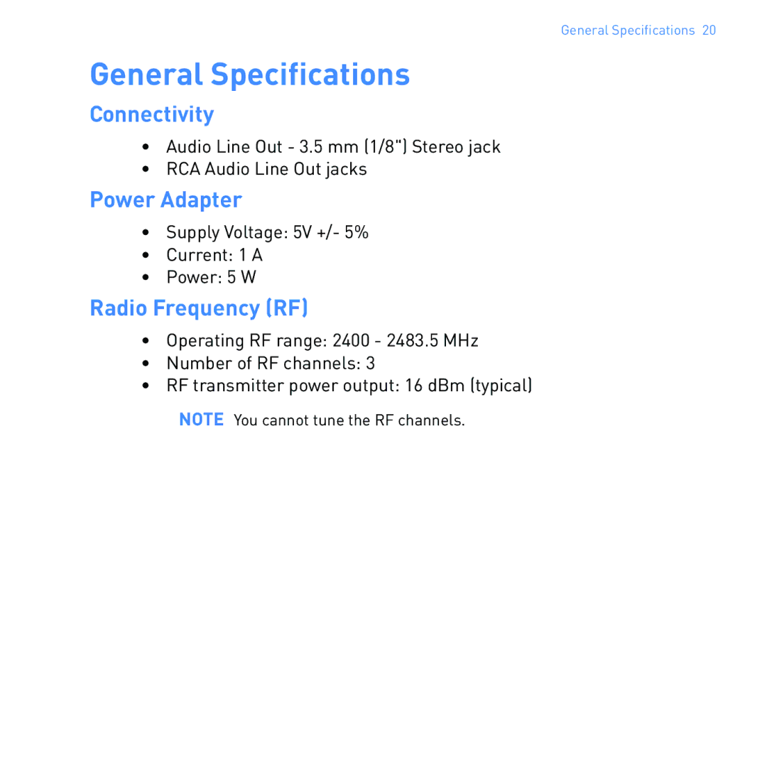 Creative SB1122 manual General Specifications, Connectivity, Power Adapter, Radio Frequency RF 