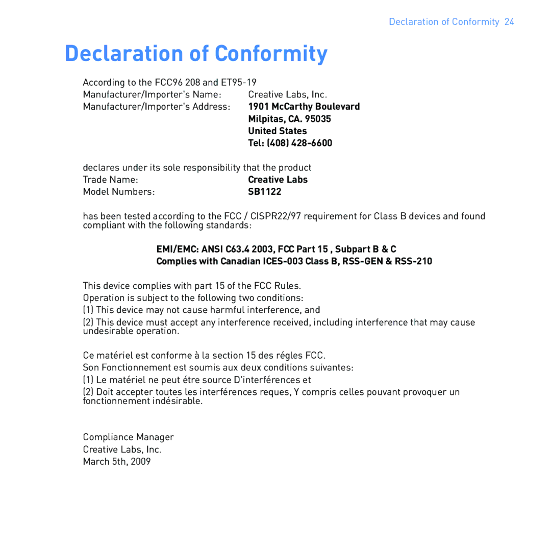 Creative SB1122 manual Declaration of Conformity 