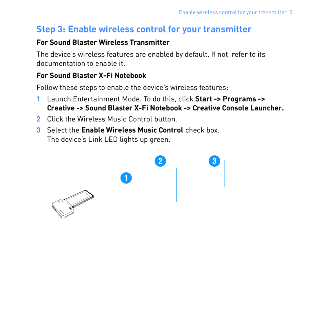 Creative SB1122 manual Enable wireless control for your transmitter, For Sound Blaster Wireless Transmitter 