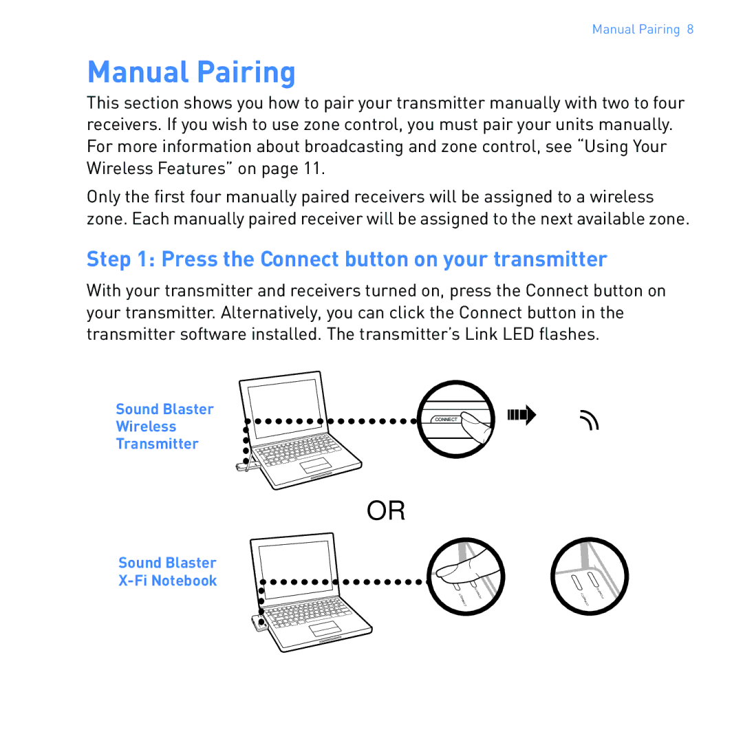 Creative SB1122 manual Manual Pairing, Press the Connect button on your transmitter 