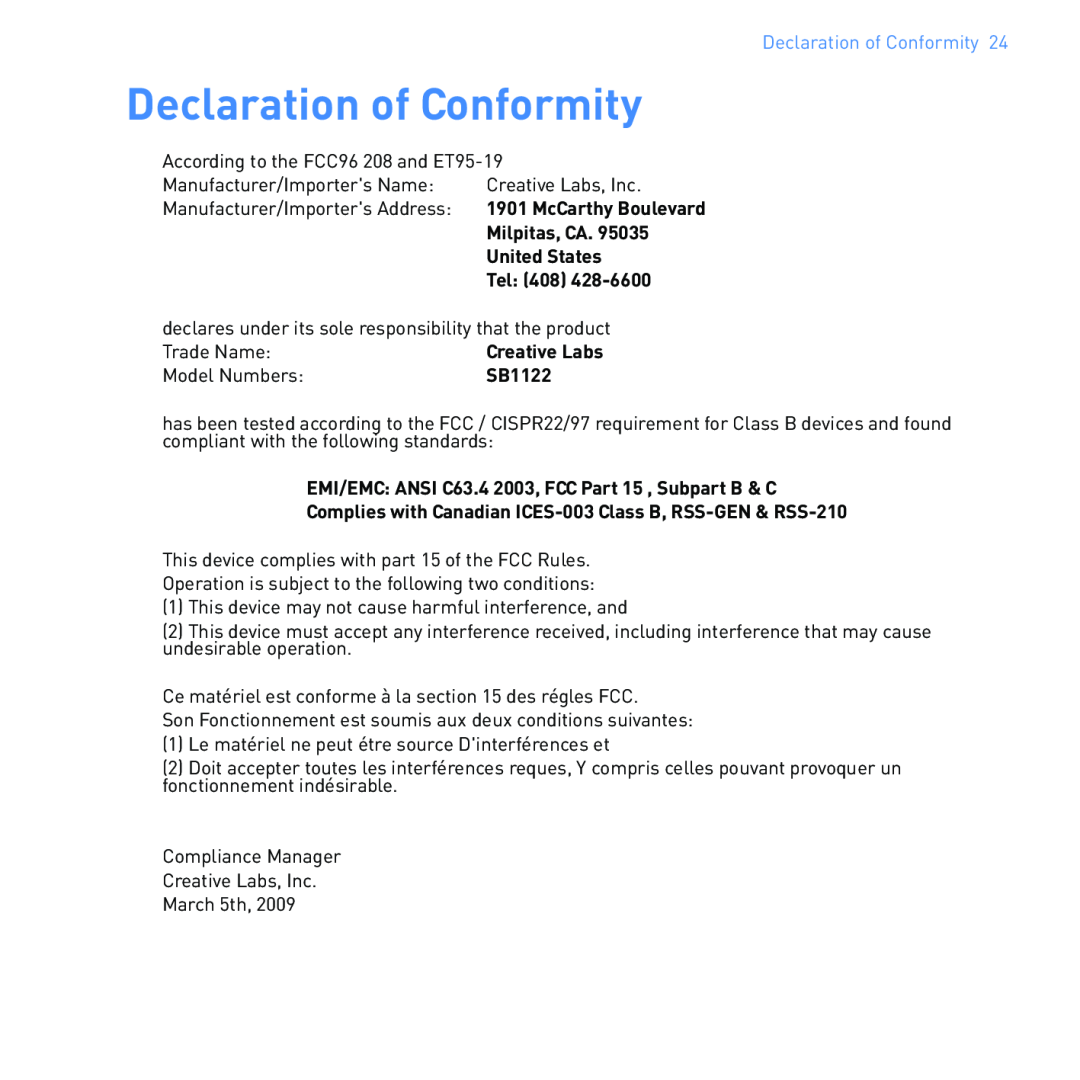 Creative SB1122 manual Declaration of Conformity, Milpitas, CA, United States, Tel, Creative Labs 