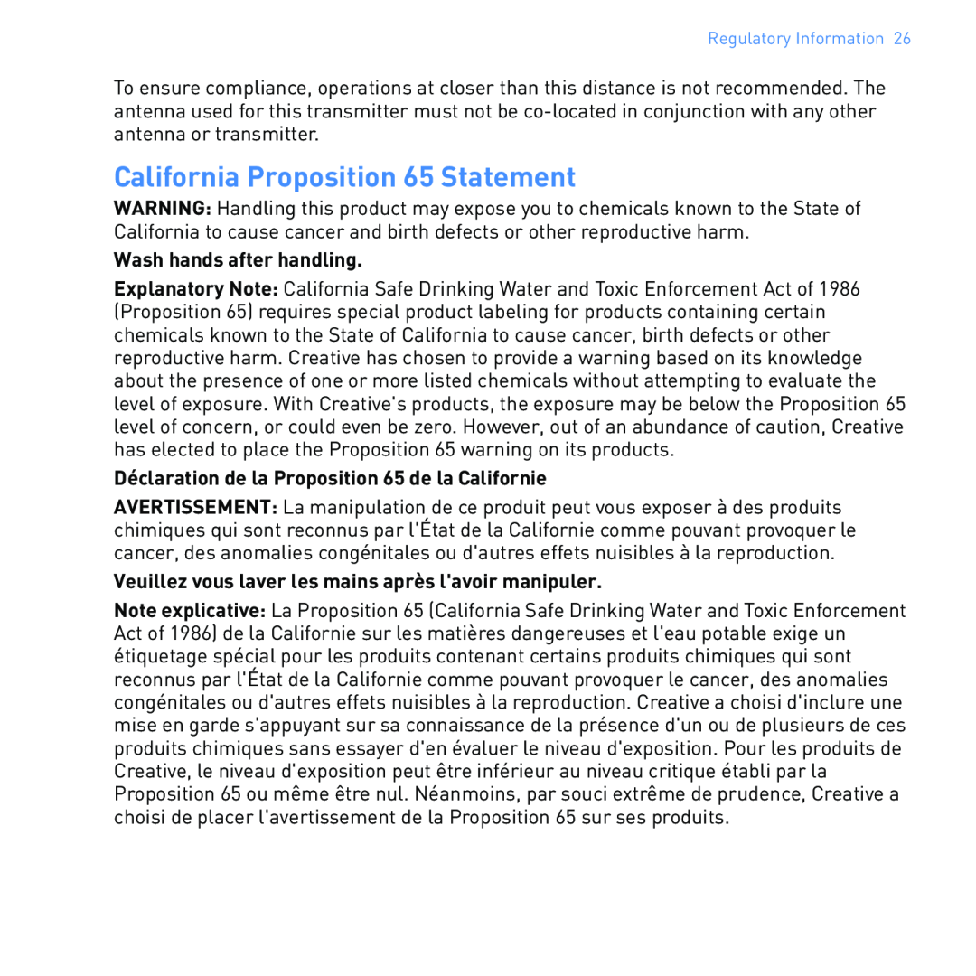 Creative SB1122 manual California Proposition 65 Statement, Wash hands after handling 