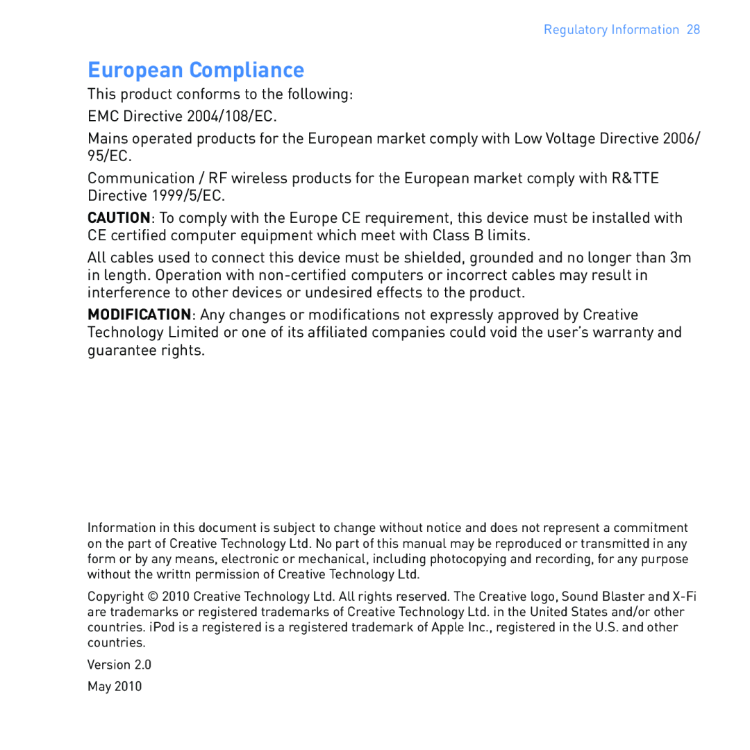 Creative SB1122 manual European Compliance 