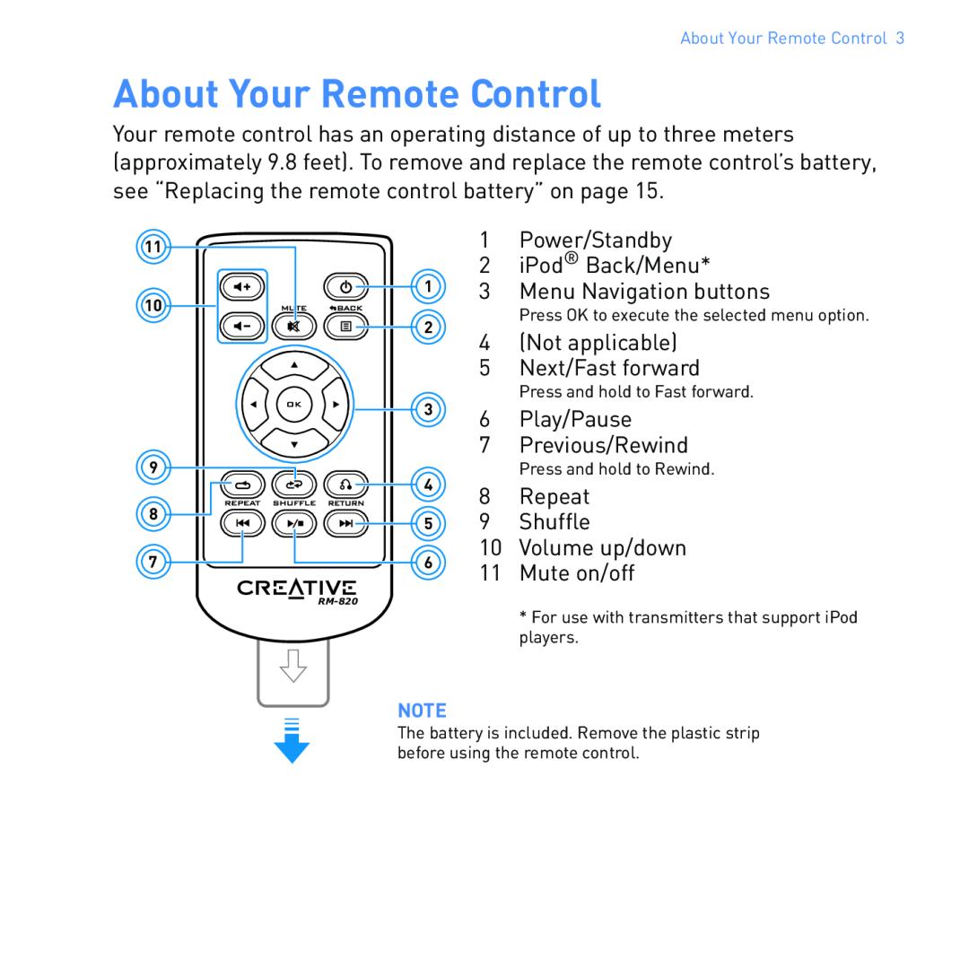 Creative SB1122 manual About Your Remote Control, Menu Navigation buttons 