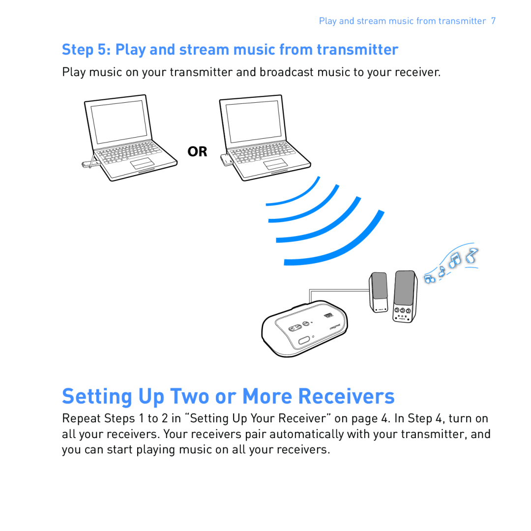 Creative SB1122 manual Setting Up Two or More Receivers, Play and stream music from transmitter 