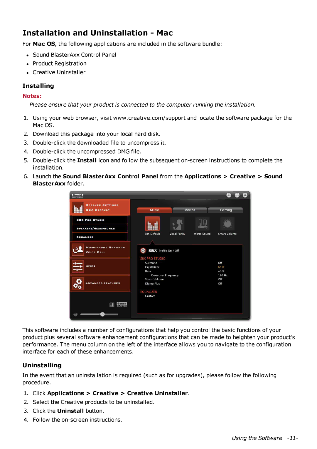 Creative SB1380 manual Installation and Uninstallation Mac, Click Applications Creative Creative Uninstaller 