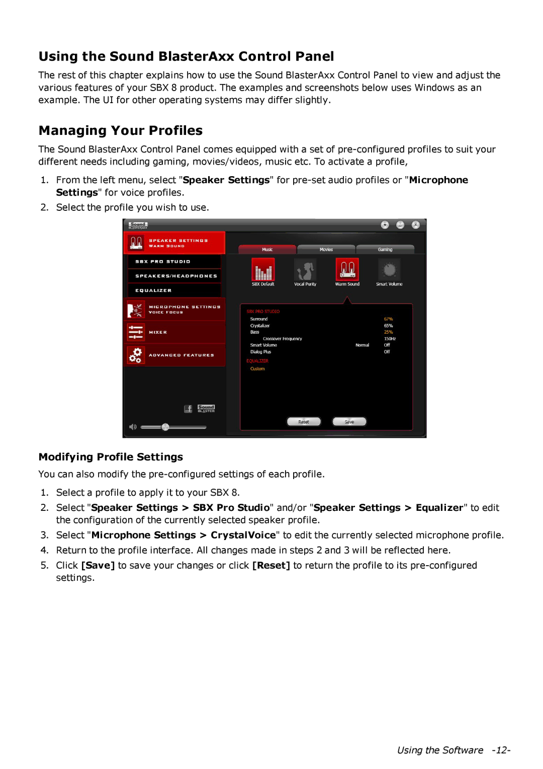 Creative SB1380 manual Using the Sound BlasterAxx Control Panel, Managing Your Profiles, Modifying Profile Settings 