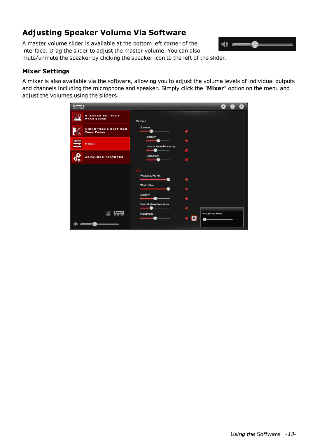 Creative SB1380 manual Adjusting Speaker Volume Via Software, Mixer Settings 