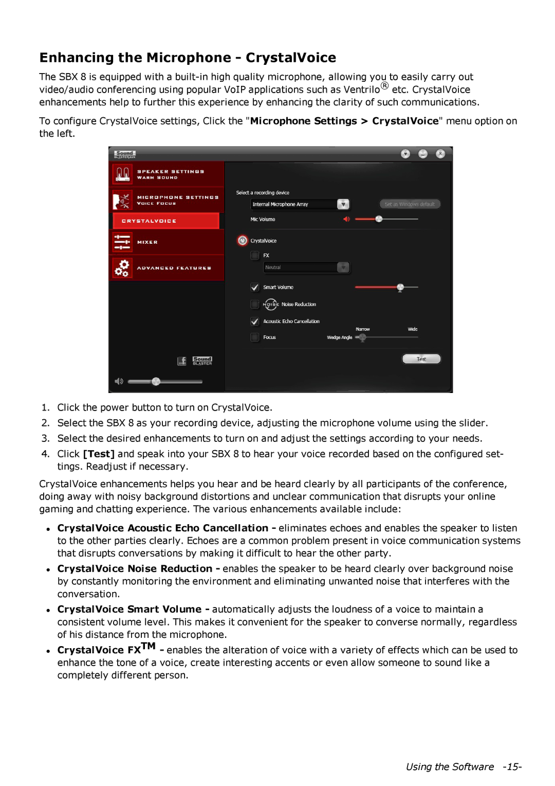 Creative SB1380 manual Enhancing the Microphone CrystalVoice 