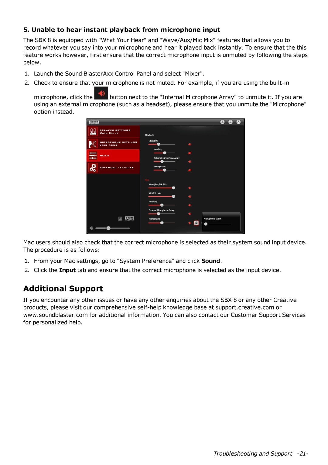 Creative SB1380 manual Additional Support, Unable to hear instant playback from microphone input 