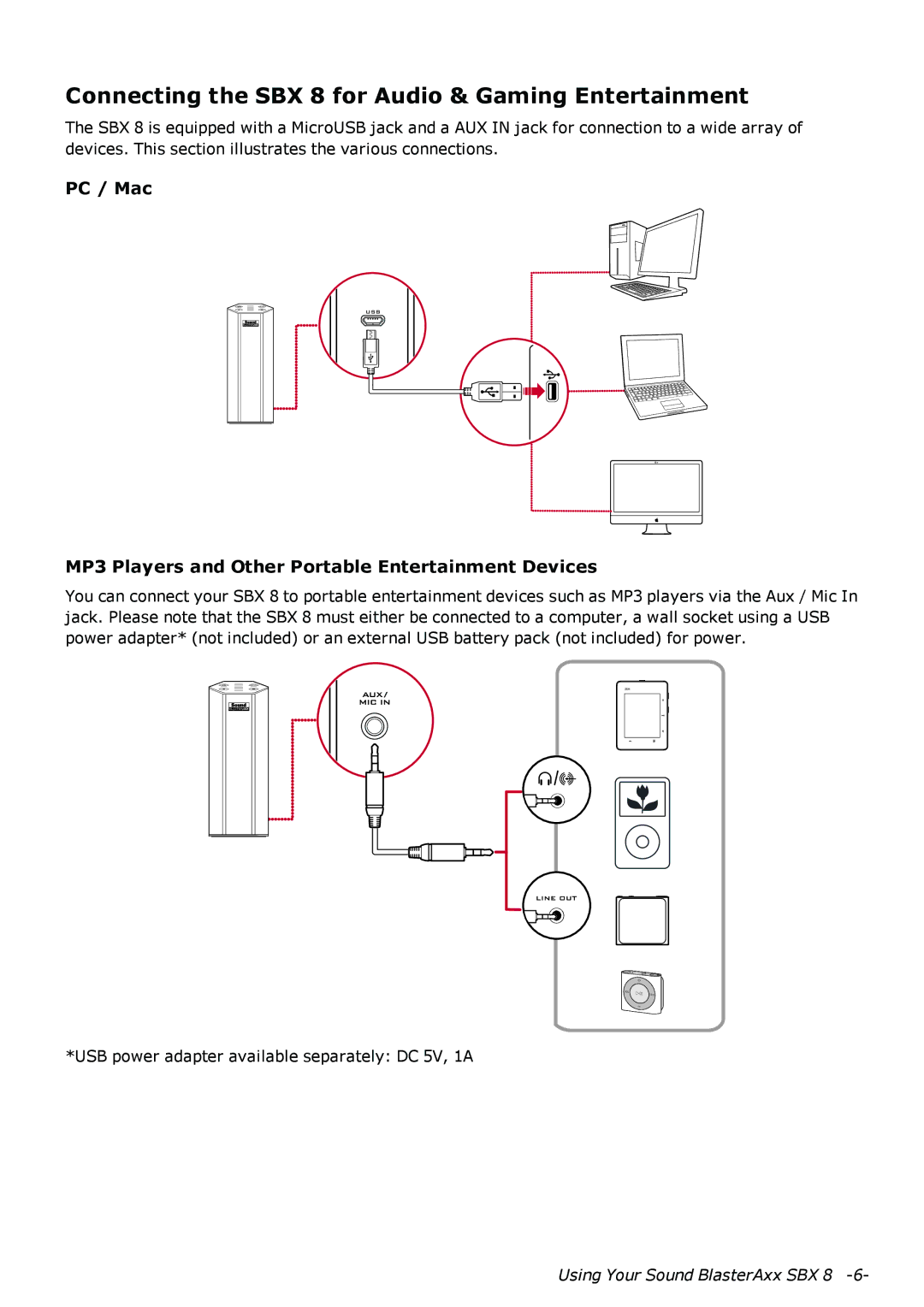 Creative SB1380 manual Connecting the SBX 8 for Audio & Gaming Entertainment, PC / Mac 