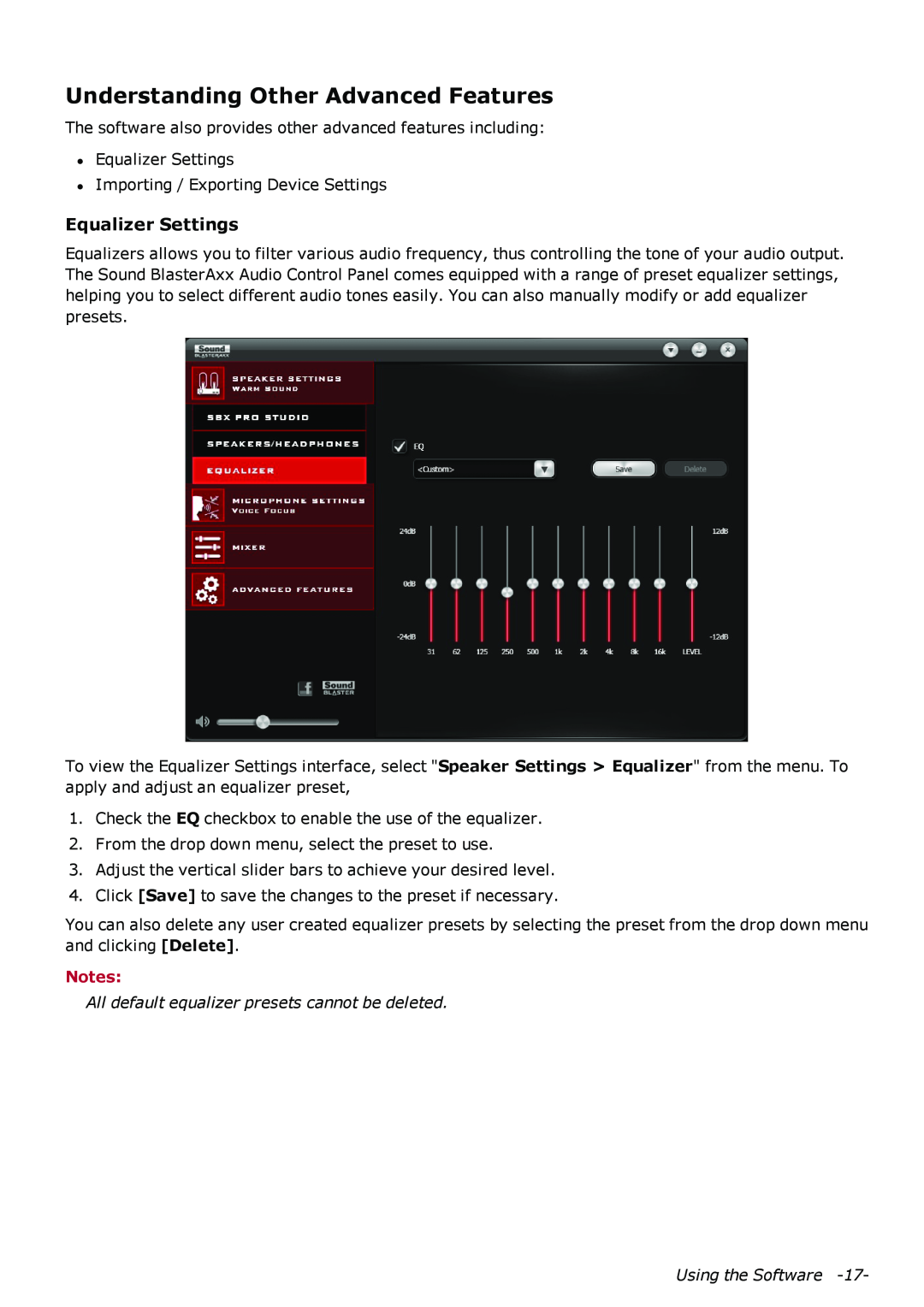 Creative SB1380 manual Understanding Other Advanced Features, Equalizer Settings 