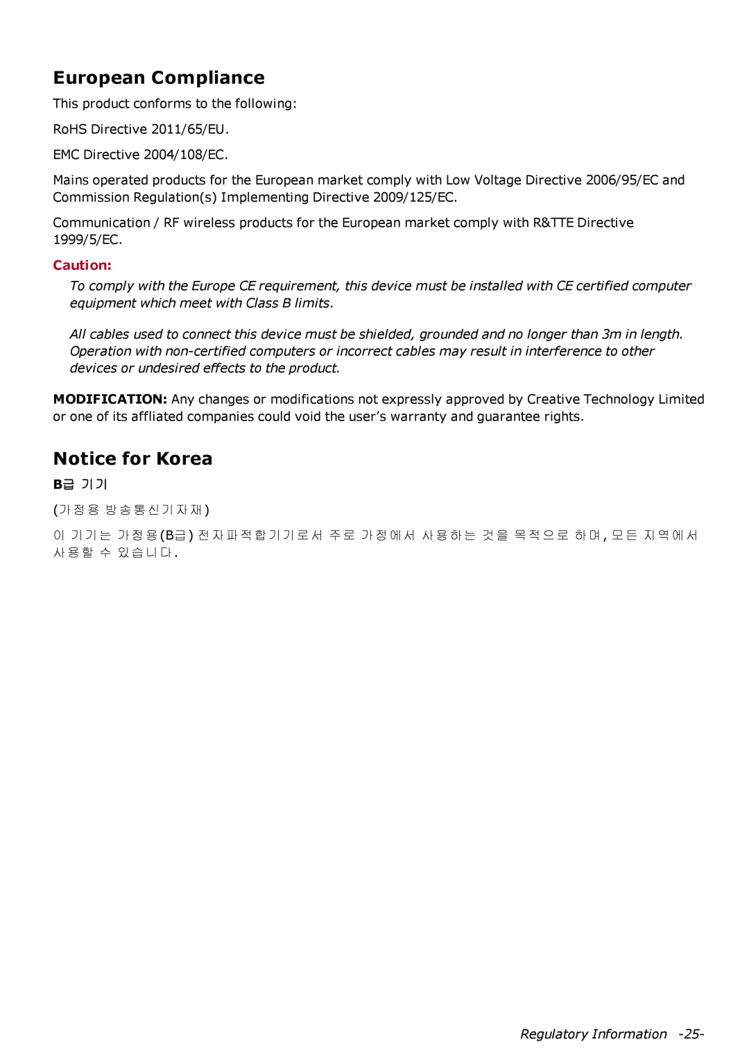 Creative SB1380 manual European Compliance, Notice for Korea, B급 기기 