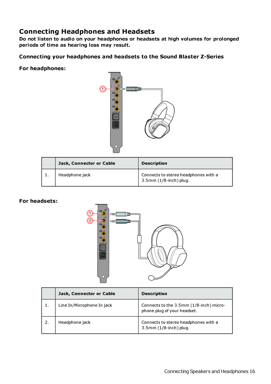 Creative SB1500 manual Connecting Headphones and Headsets, For headsets 