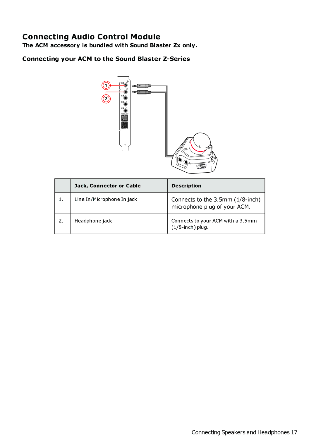 Creative SB1500 manual Connecting Audio Control Module, Connecting your ACM to the Sound Blaster Z-Series 