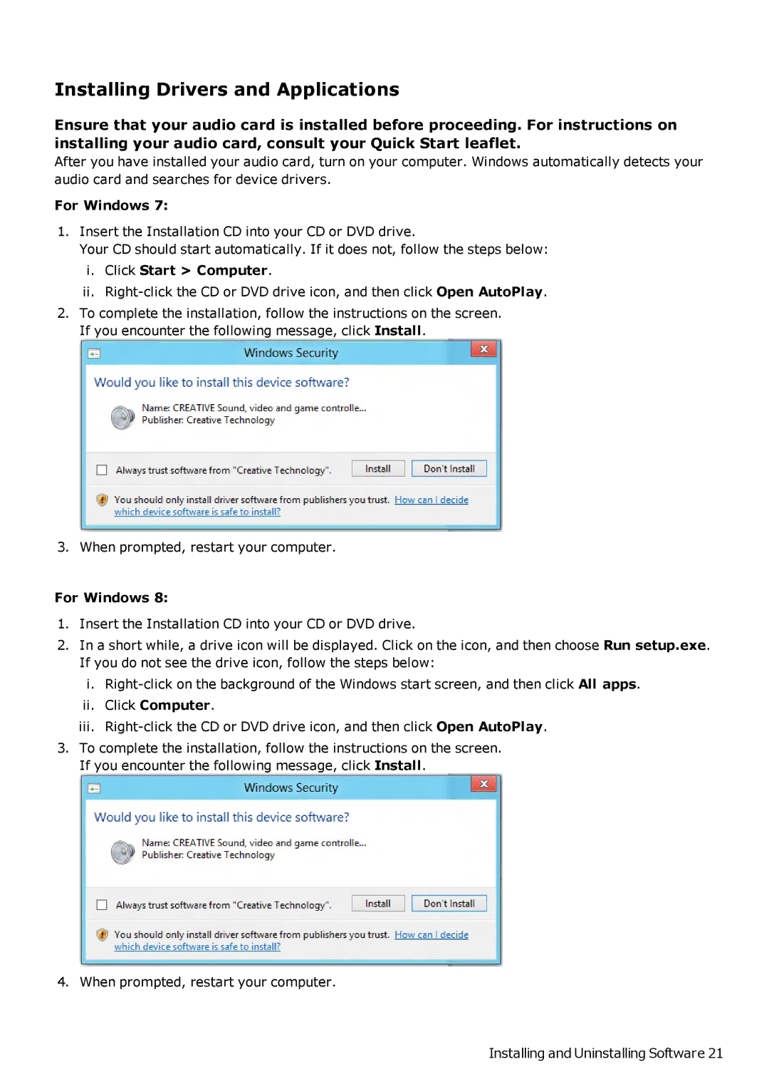 Creative SB1500 manual Installing Drivers and Applications, For Windows 