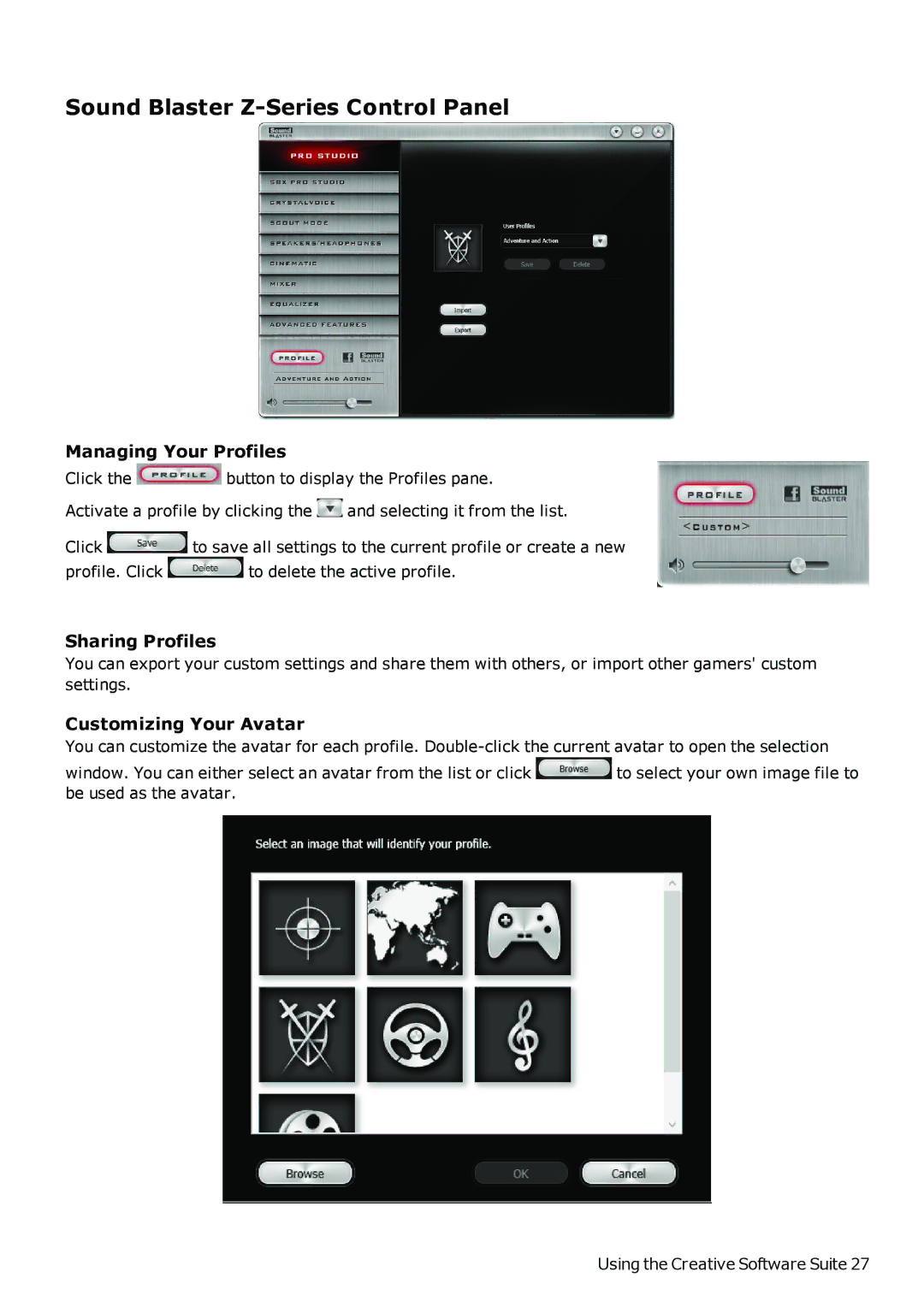 Creative SB1500 Sound Blaster Z-Series Control Panel, Managing Your Profiles, Sharing Profiles, Customizing Your Avatar 