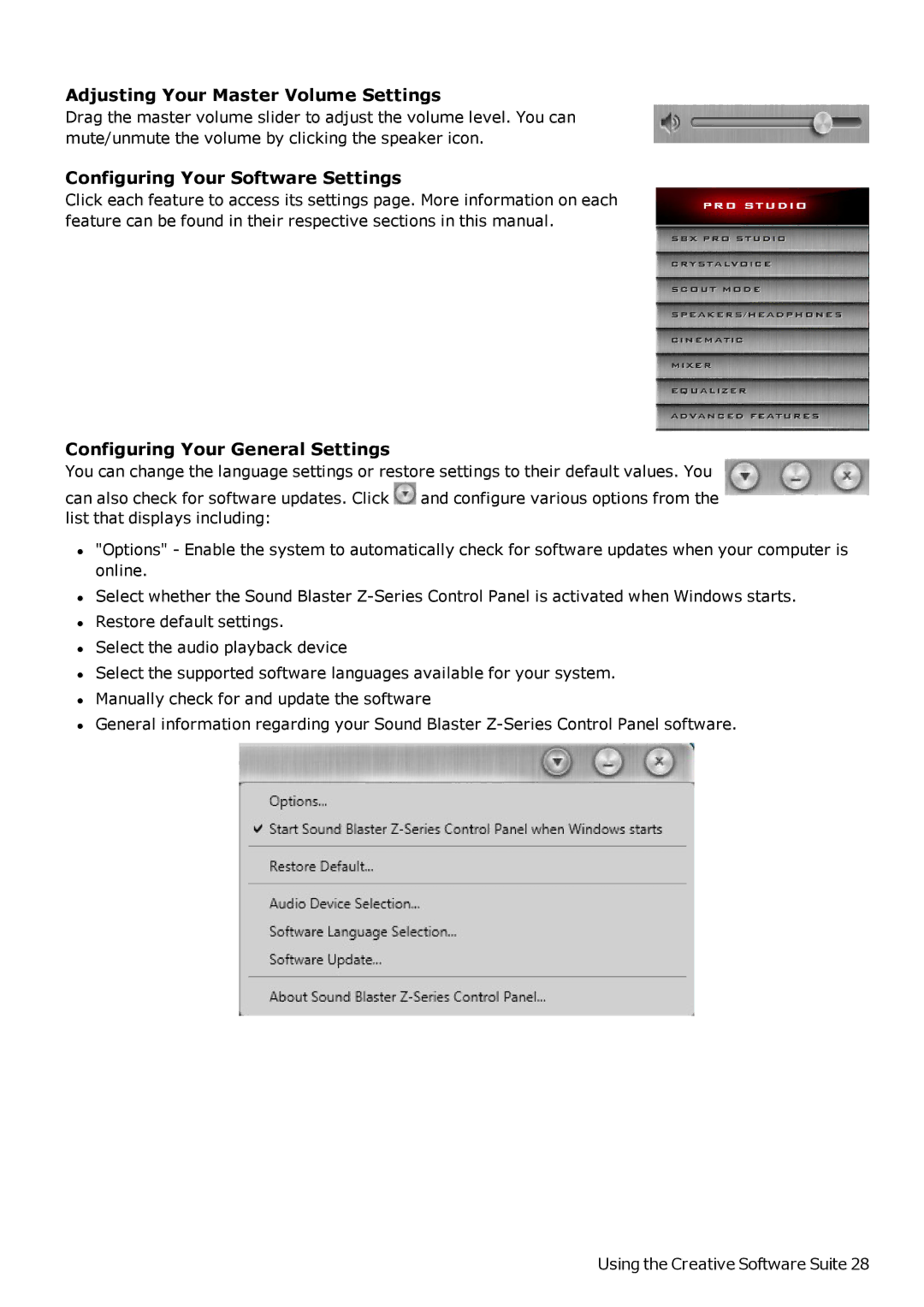 Creative SB1500 manual Adjusting Your Master Volume Settings, Configuring Your Software Settings 