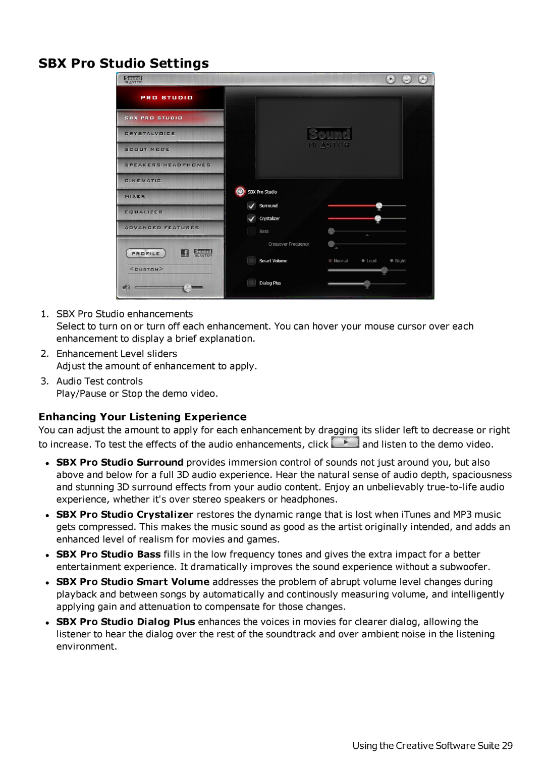 Creative SB1500 manual SBX Pro Studio Settings, Enhancing Your Listening Experience 