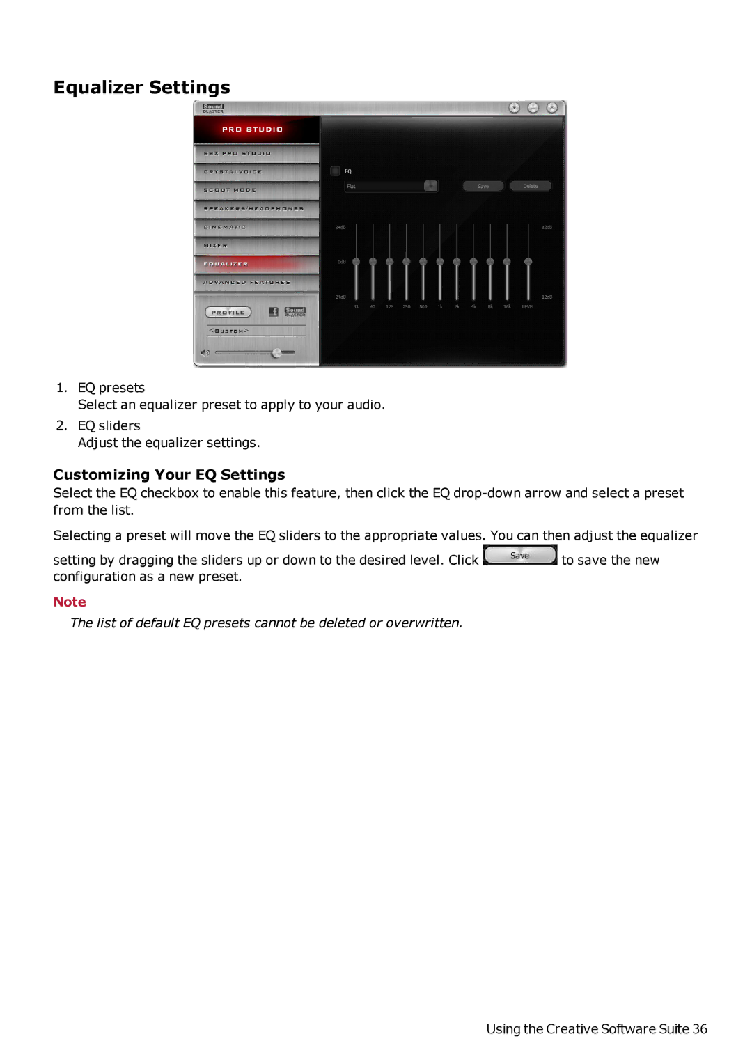 Creative SB1500 manual Equalizer Settings, Customizing Your EQ Settings 