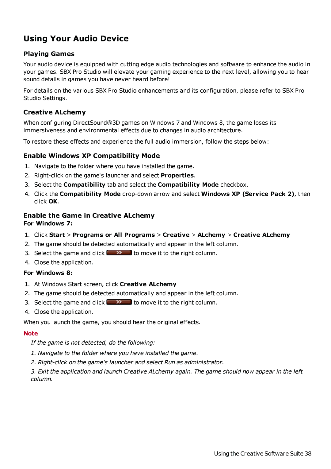 Creative SB1500 manual Using Your Audio Device, Playing Games, Enable Windows XP Compatibility Mode 