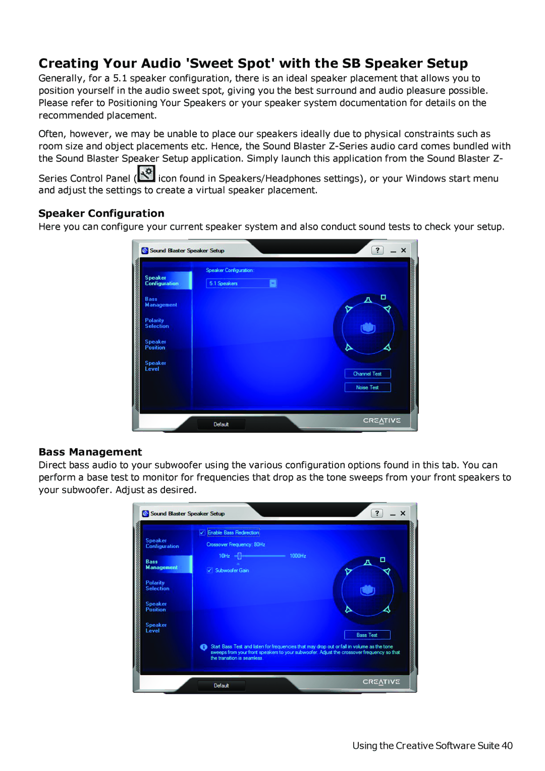 Creative SB1500 manual Creating Your Audio Sweet Spot with the SB Speaker Setup, Speaker Configuration, Bass Management 