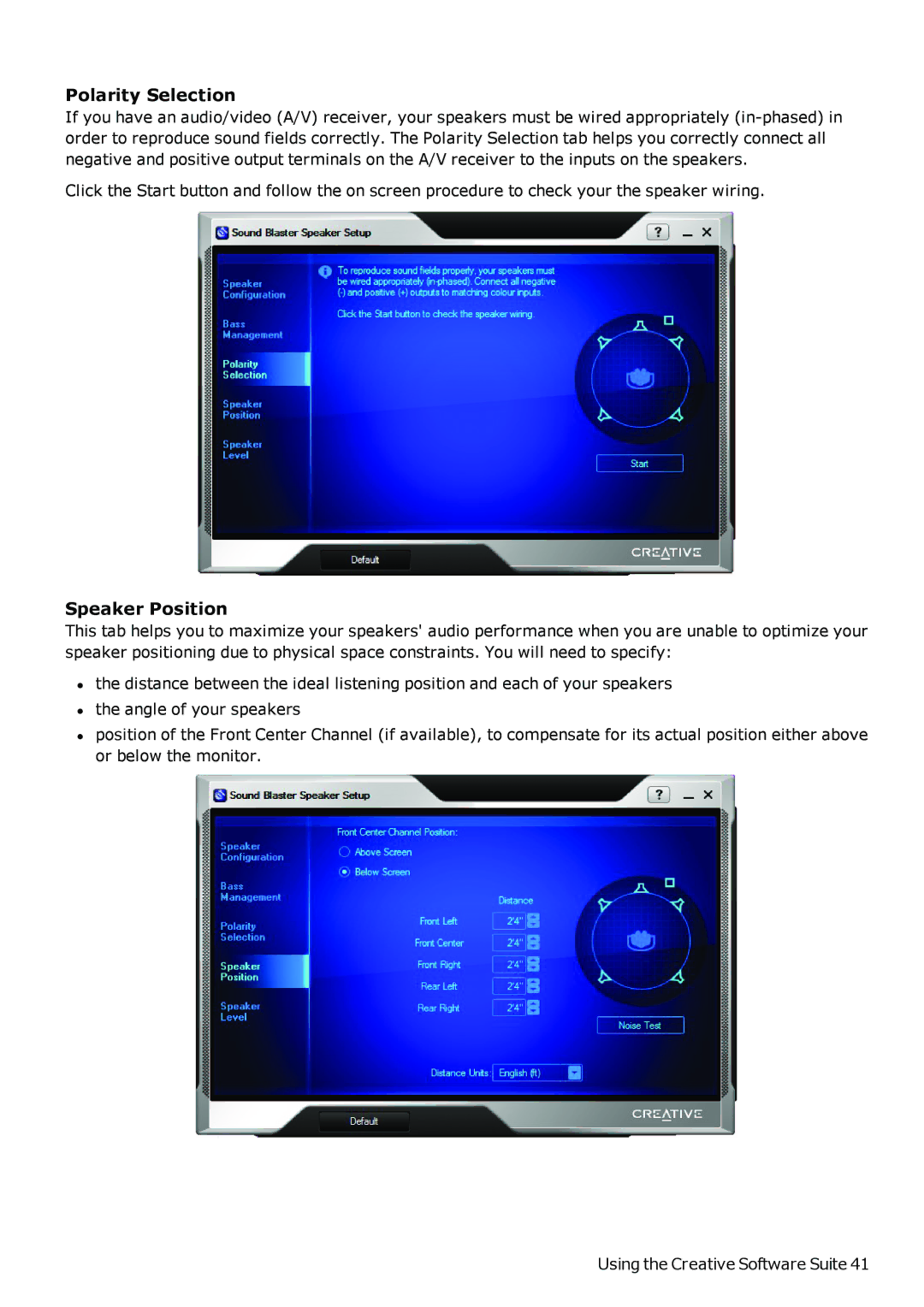 Creative SB1500 manual Polarity Selection, Speaker Position 