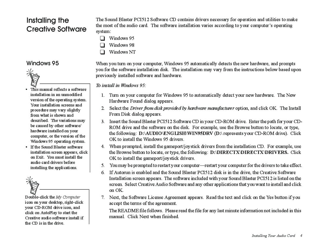 Creative Sound Blaster, PCI512 manual Installing the Creative Software, To install in Windows 